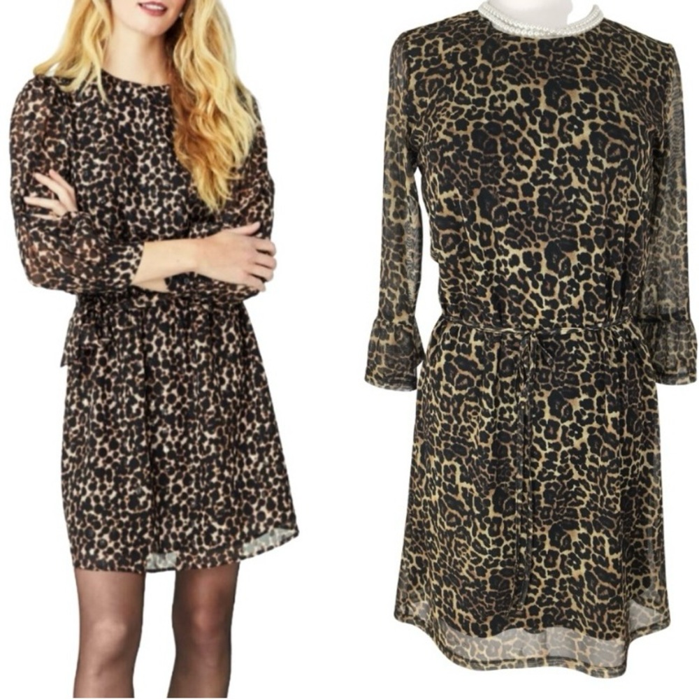Olive and Logan Leopard Print 3/4 sleeve Shift Mini Dress NWT size Large